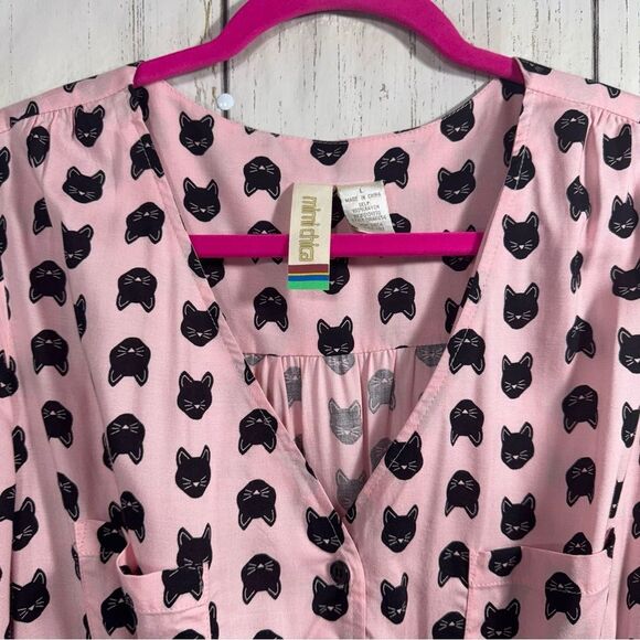 Mimi Chica Womens Cat Print Button Down Pink Black V Neck Belted Mini Dress - Picture 2 of 16